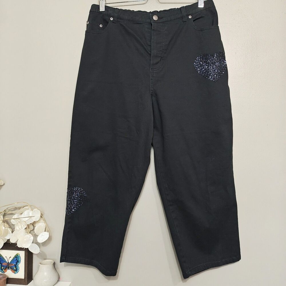 Vintage Quacker Factory Pants Size Large Black Embellished Beaded Hearts Cropped